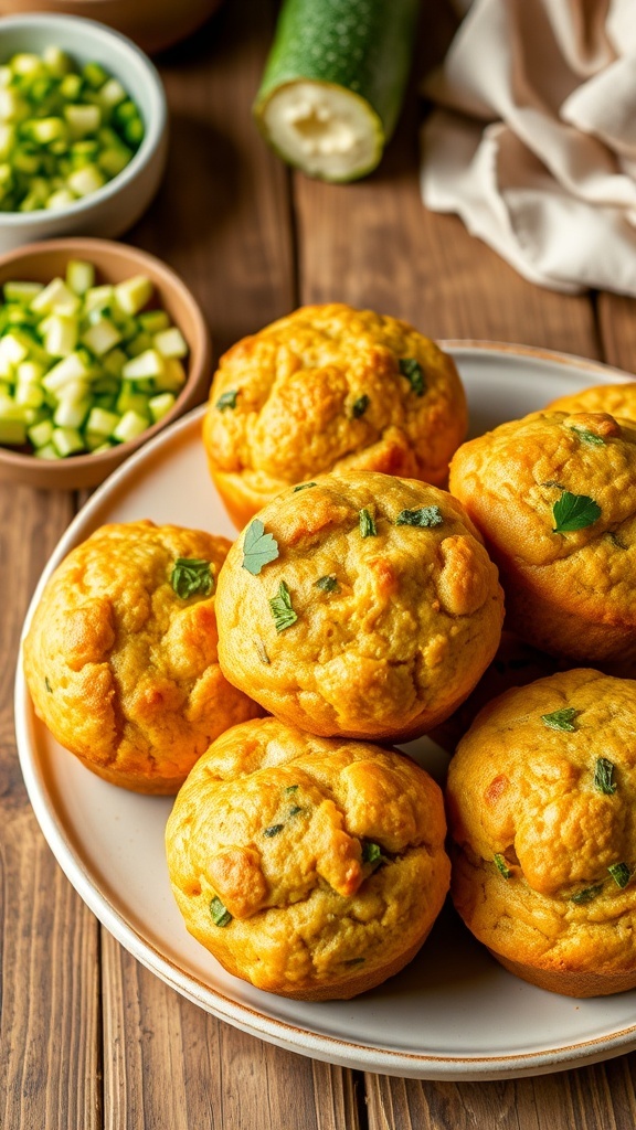 Savory chickpea flour zucchini muffins on a plate, garnished with herbs, in a rustic kitchen setting.